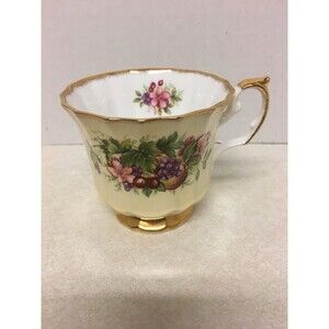 Queen's Fine Bone China Cup England~Yellow  White With Gold Rim Flowers Fruit